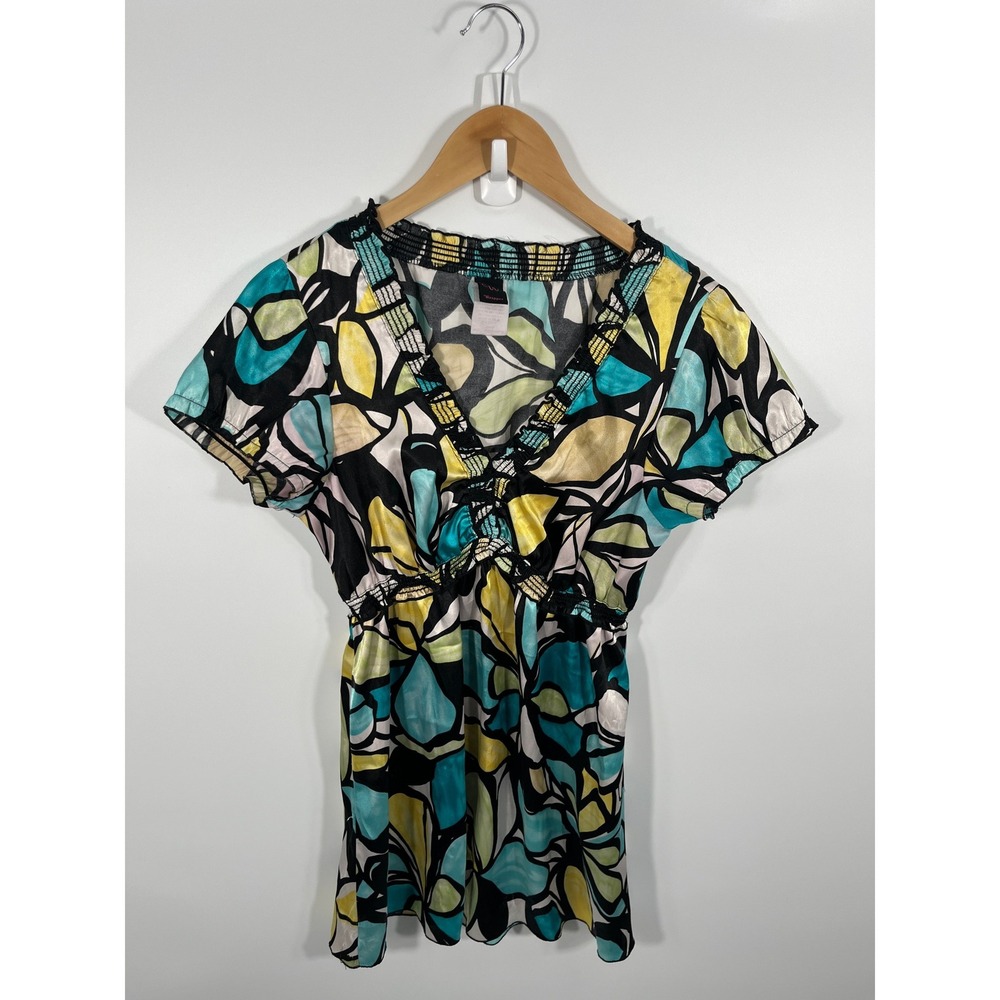 Vintage Y2K Womens Babydoll Top L Multicolor Artsy Eclectic Statement Maximalist